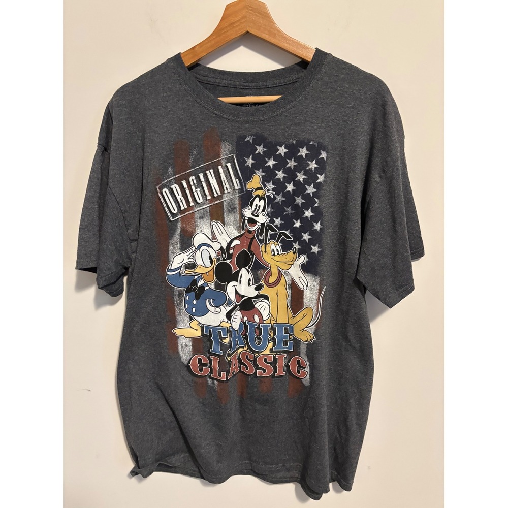 Disney Mickey Mouse Donald Goofy Pluto American Flag Graphic T-Shirt Large Grey